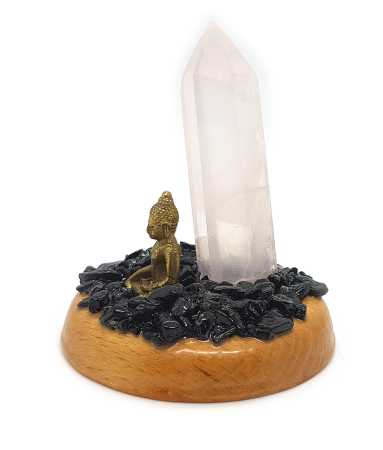 Buddha mit Rosenquarz Spitze und Onyx in Holzgefäß